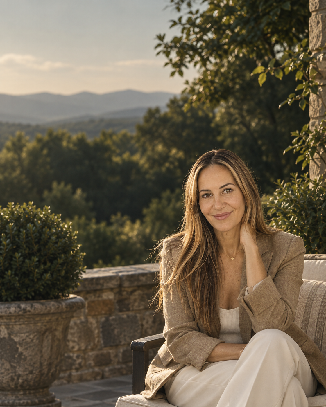 Mazi seated outdoors with the Blue Ridge Mountains in the background